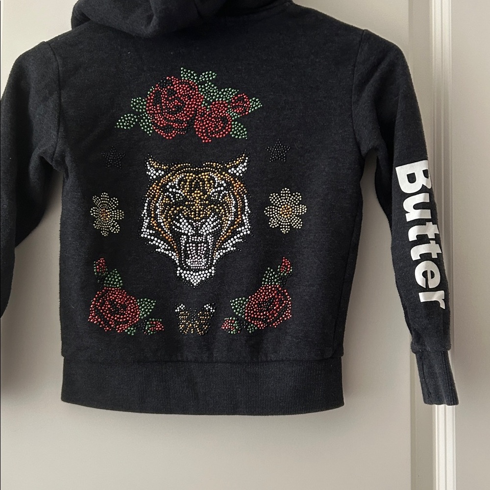BUTTER ZipUp BLING Hoodie bejeweled Tiger,Rose& FIERCE hood/BUTTER sleeve size 4